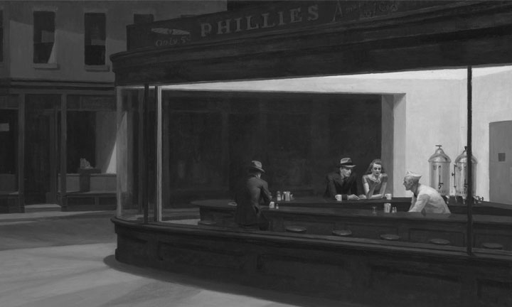 Famous painting of Phillies with two men in hats and a woman in a red dress at the counter and the server, in black and white.
